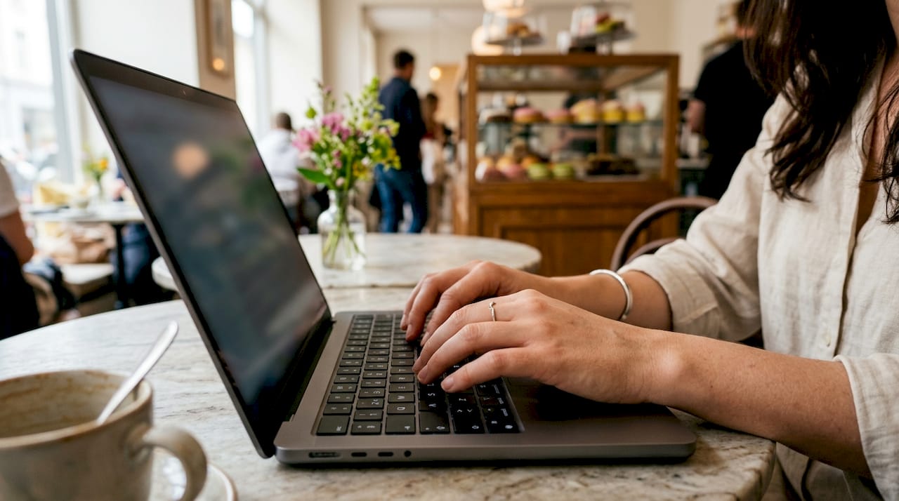 Close-up of hands typing on laptop keyboard in cafe