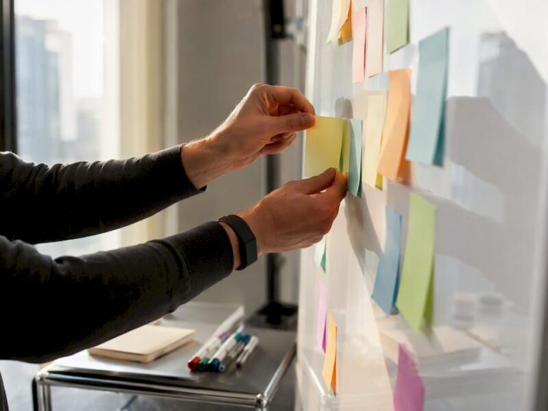 Hands placing audit notes on glass wall