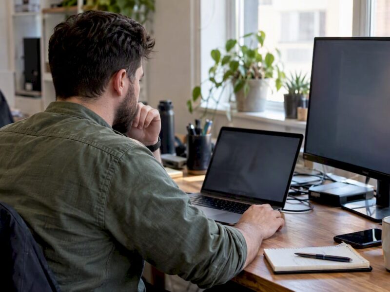 Marketer reviewing ad creative formats at screens
